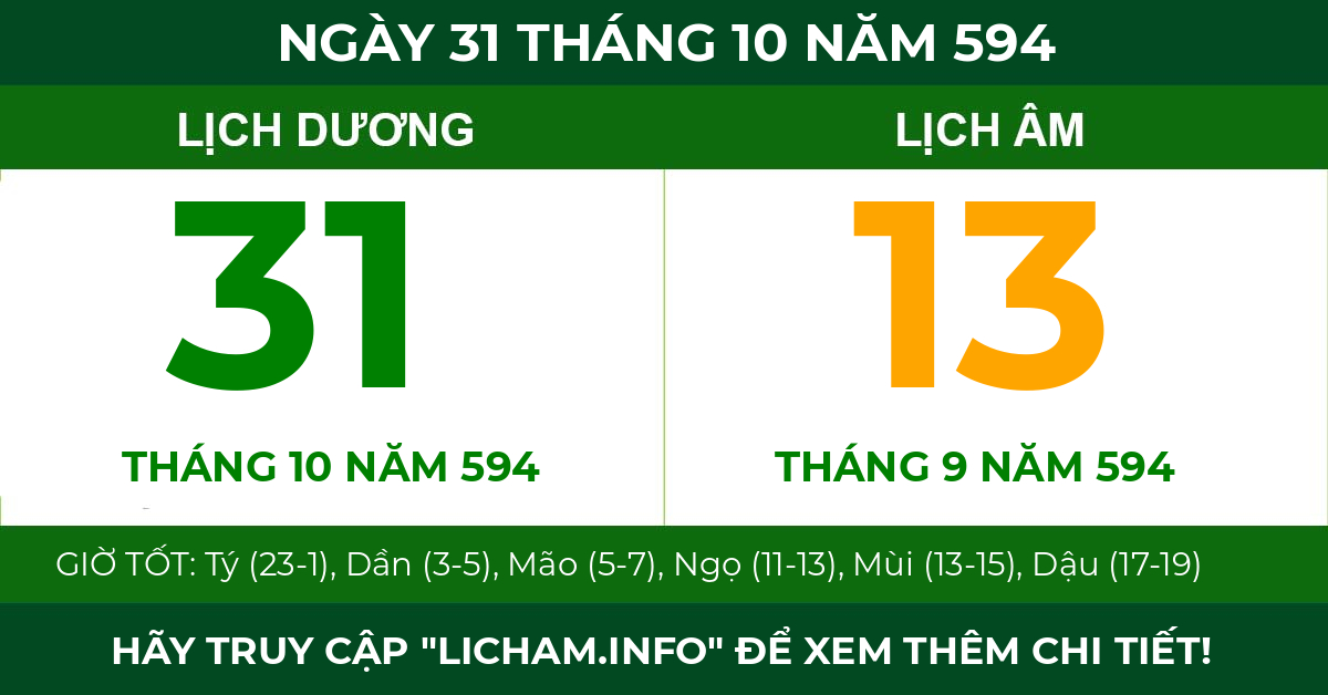 lịch âm ngày 31 tháng 10 năm 594
