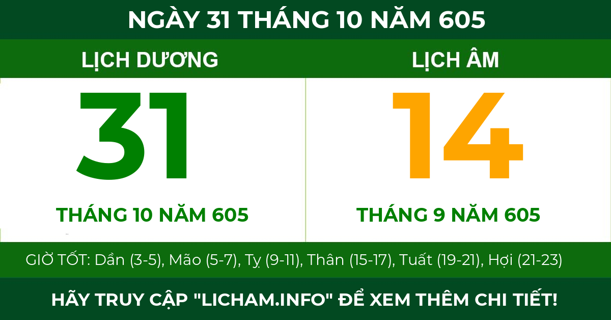 lịch âm ngày 31 tháng 10 năm 605