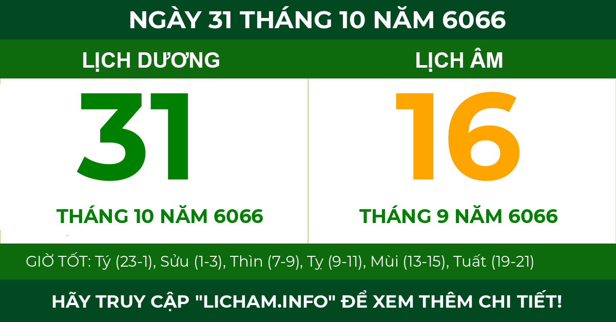 lịch âm ngày 31 tháng 10 năm 6066
