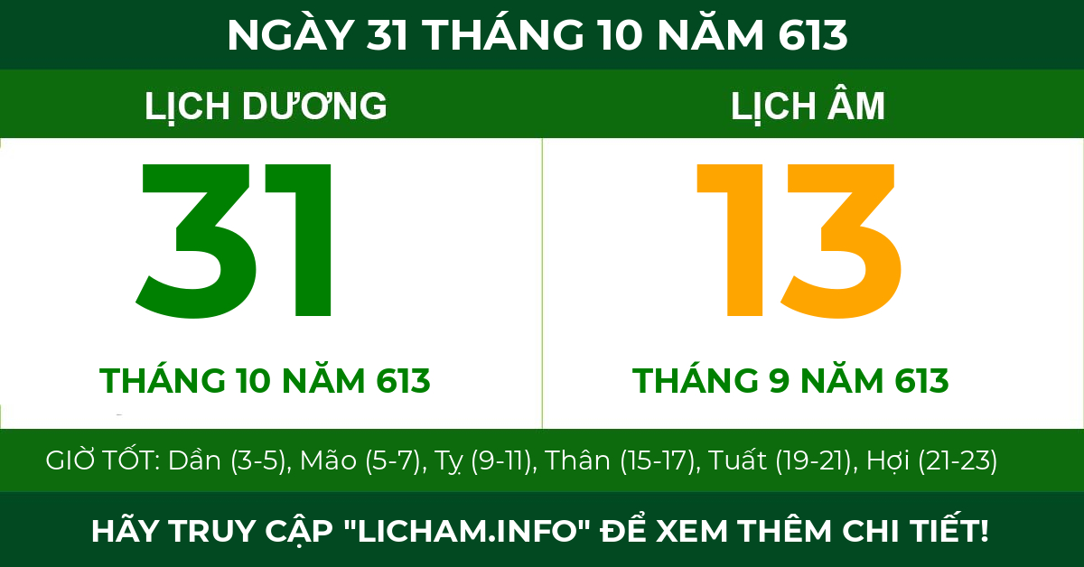 lịch âm ngày 31 tháng 10 năm 613