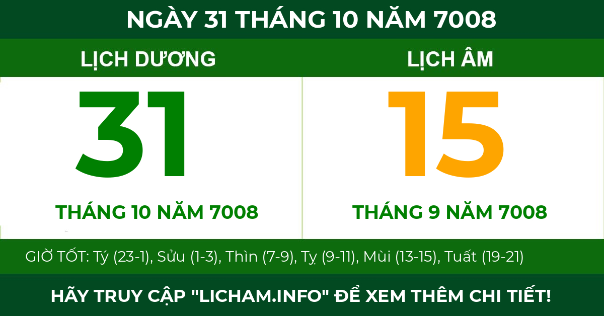 lịch âm ngày 31 tháng 10 năm 7008