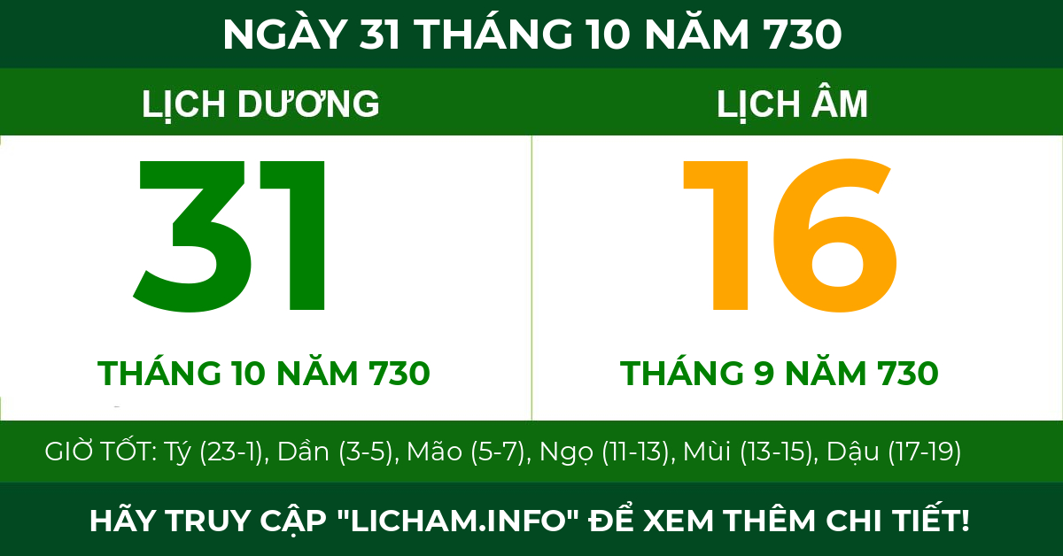 lịch âm ngày 31 tháng 10 năm 730