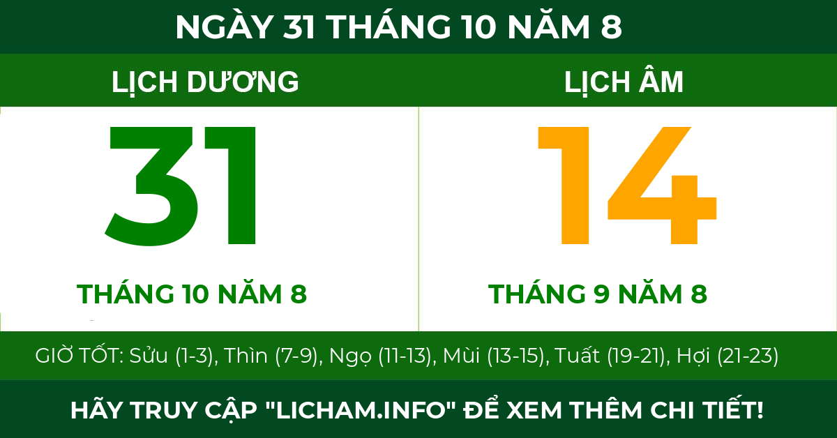 lịch âm ngày 31 tháng 10 năm 8