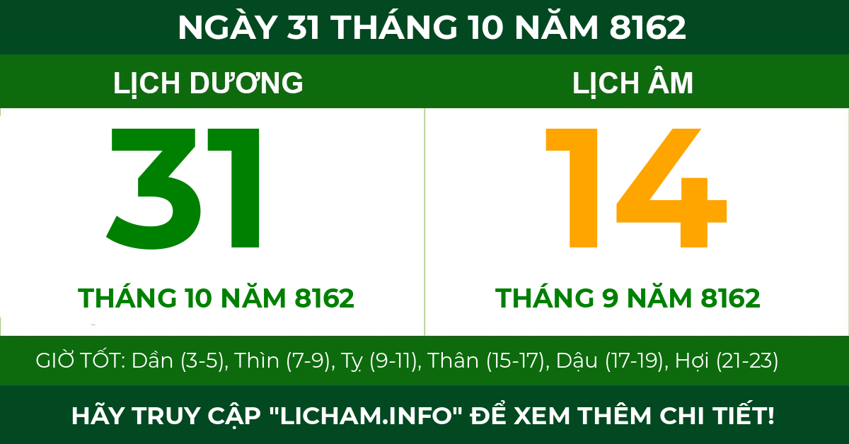 lịch âm ngày 31 tháng 10 năm 8162