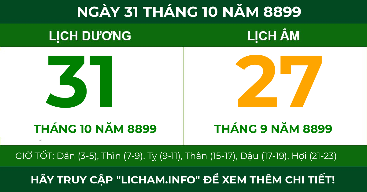 lịch âm ngày 31 tháng 10 năm 8899