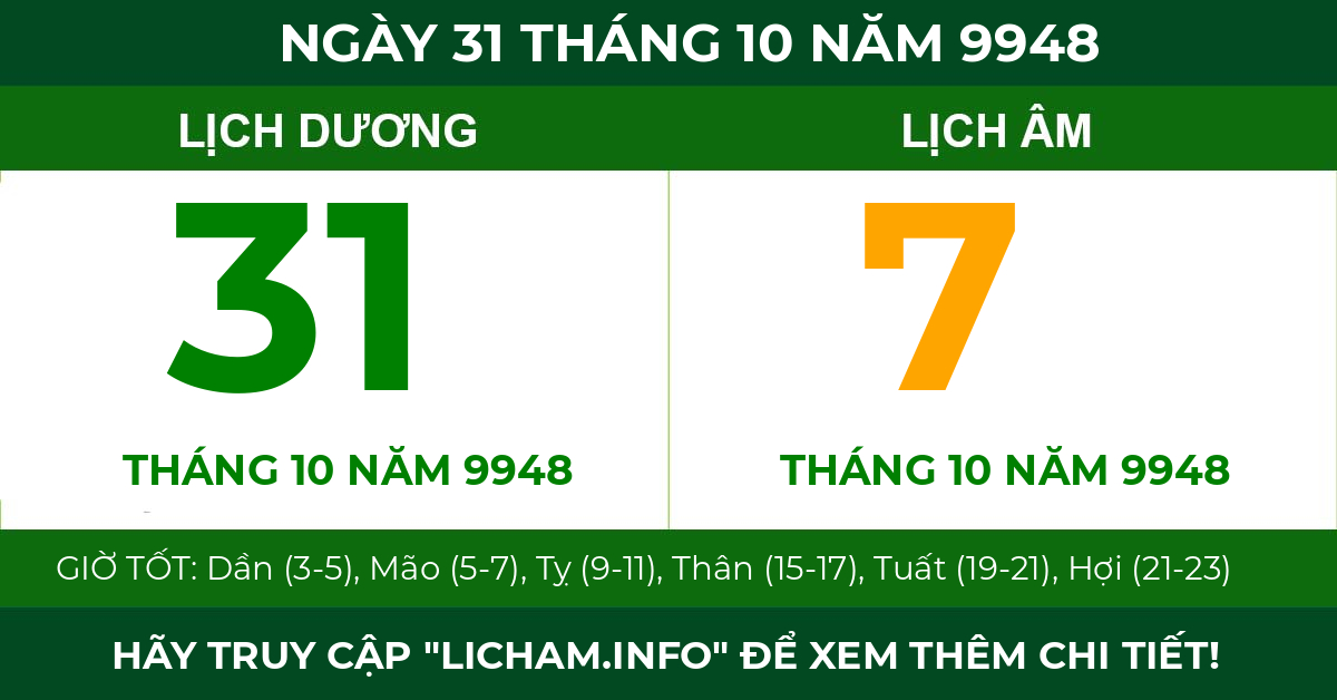 lịch âm ngày 31 tháng 10 năm 9948