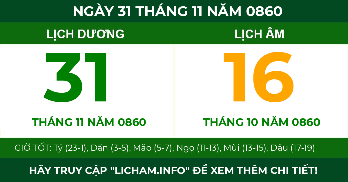 lịch âm ngày 31 tháng 11 năm 0860