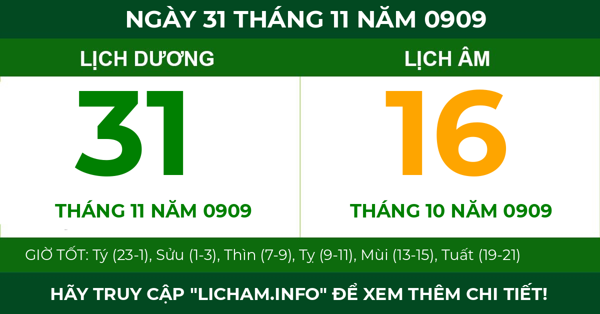 lịch âm ngày 31 tháng 11 năm 0909