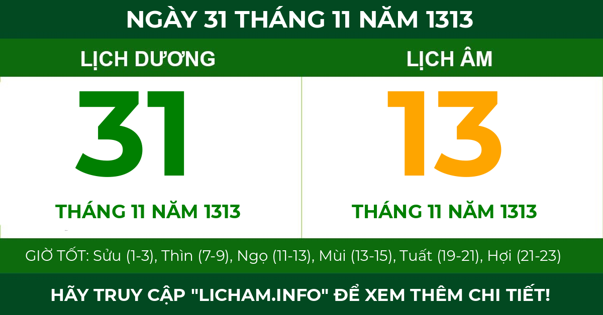 lịch âm ngày 31 tháng 11 năm 1313