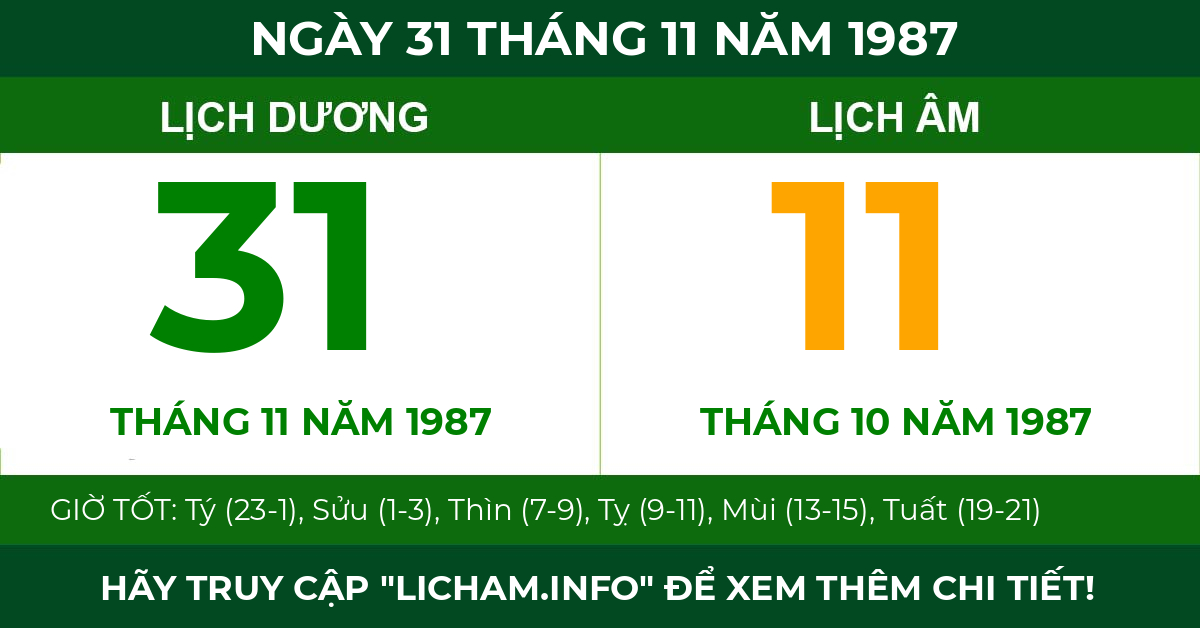 lịch âm ngày 31 tháng 11 năm 1987