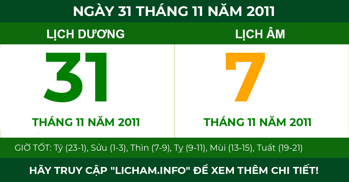 lịch âm ngày 31 tháng 11 năm 2011