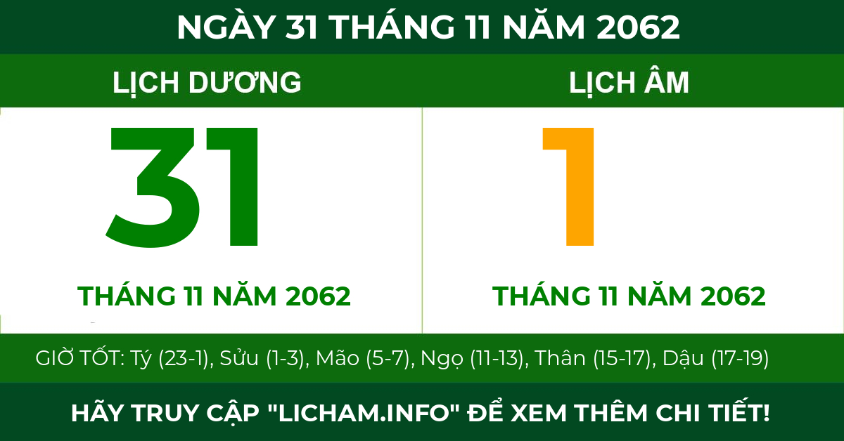 lịch âm ngày 31 tháng 11 năm 2062