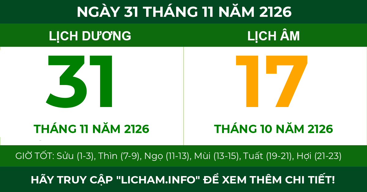 lịch âm ngày 31 tháng 11 năm 2126