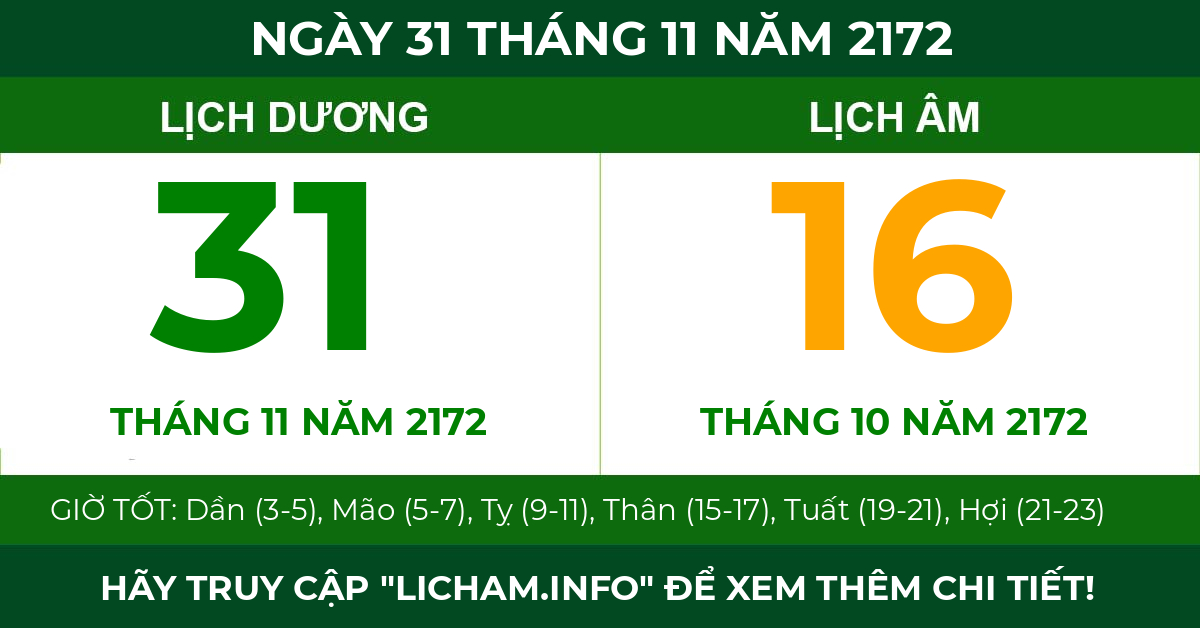 lịch âm ngày 31 tháng 11 năm 2172