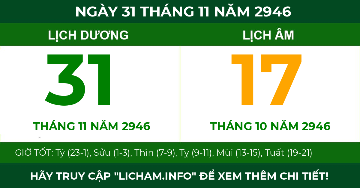 lịch âm ngày 31 tháng 11 năm 2946