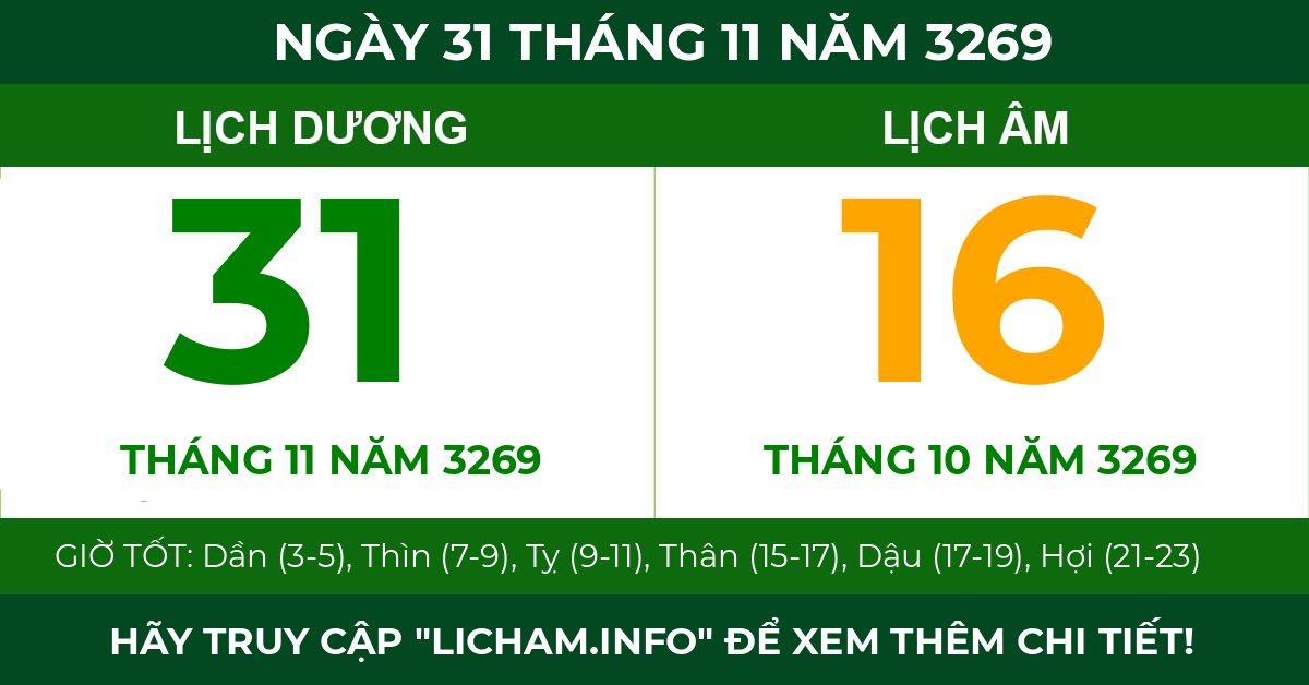 lịch âm ngày 31 tháng 11 năm 3269
