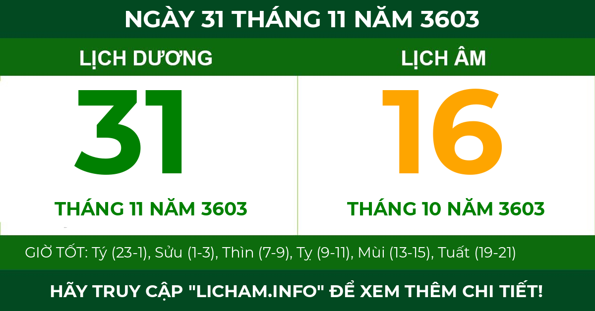 lịch âm ngày 31 tháng 11 năm 3603