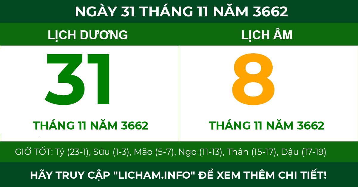 lịch âm ngày 31 tháng 11 năm 3662