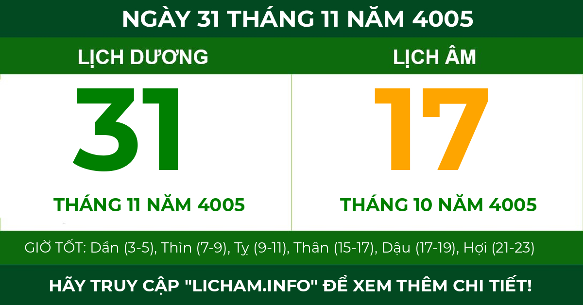 lịch âm ngày 31 tháng 11 năm 4005