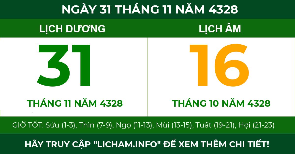 lịch âm ngày 31 tháng 11 năm 4328