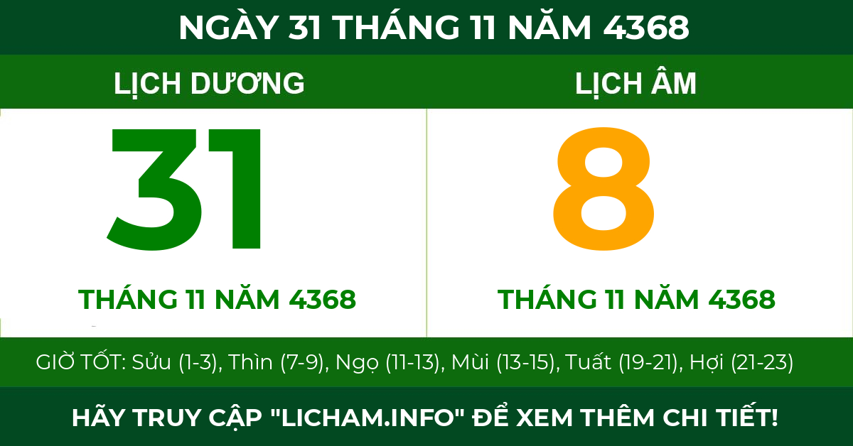 lịch âm ngày 31 tháng 11 năm 4368
