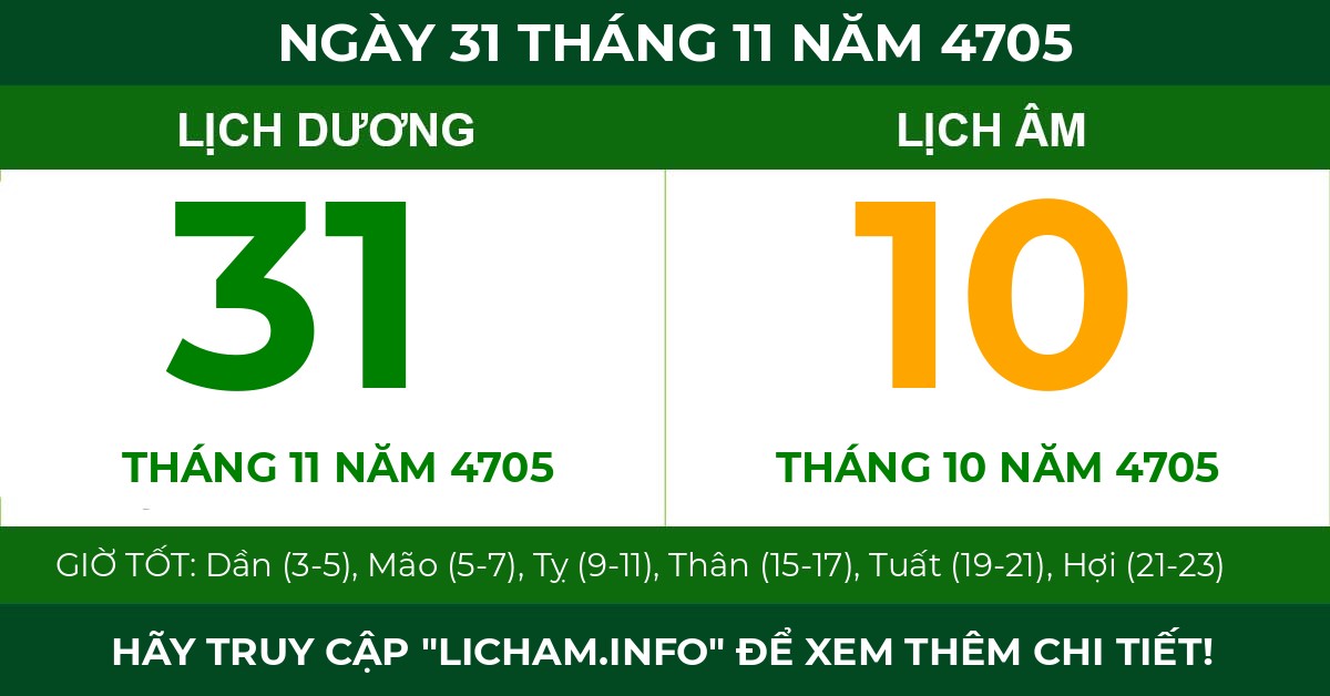 lịch âm ngày 31 tháng 11 năm 4705