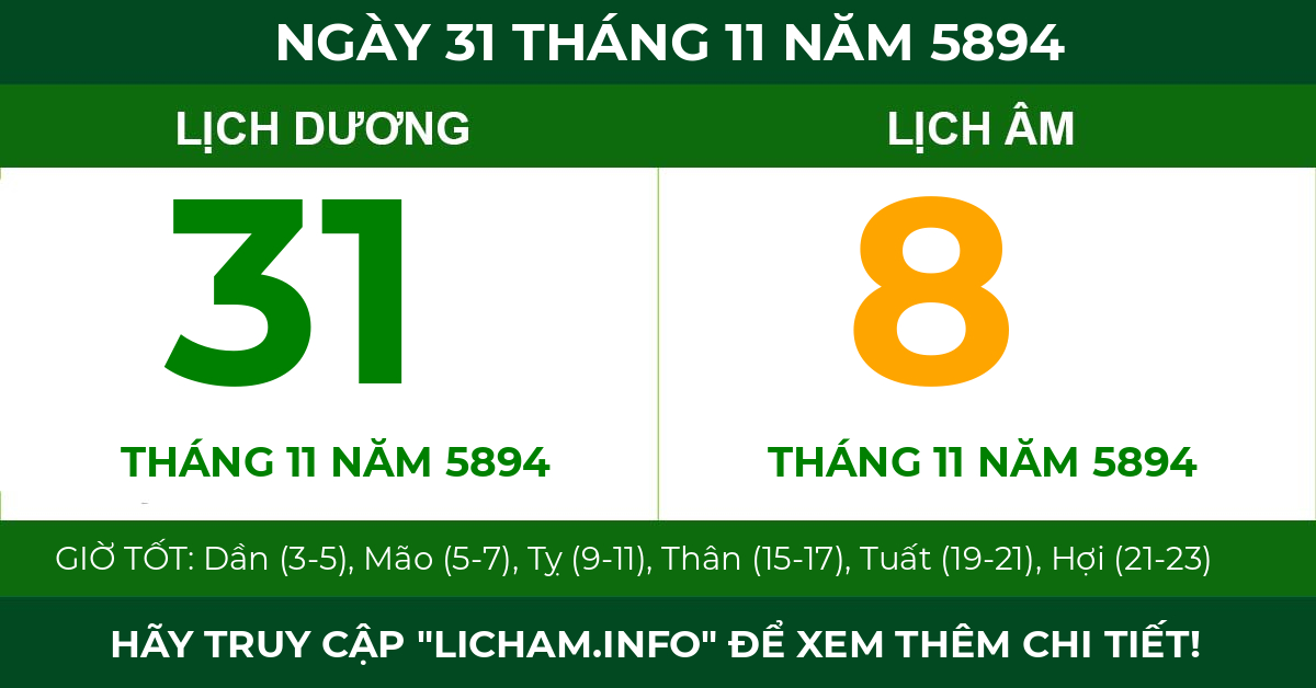 lịch âm ngày 31 tháng 11 năm 5894