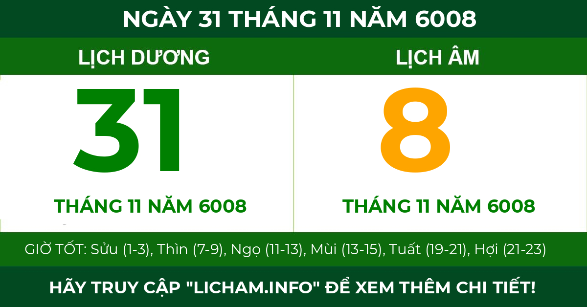 lịch âm ngày 31 tháng 11 năm 6008