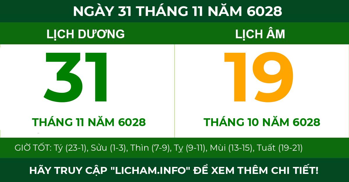 lịch âm ngày 31 tháng 11 năm 6028