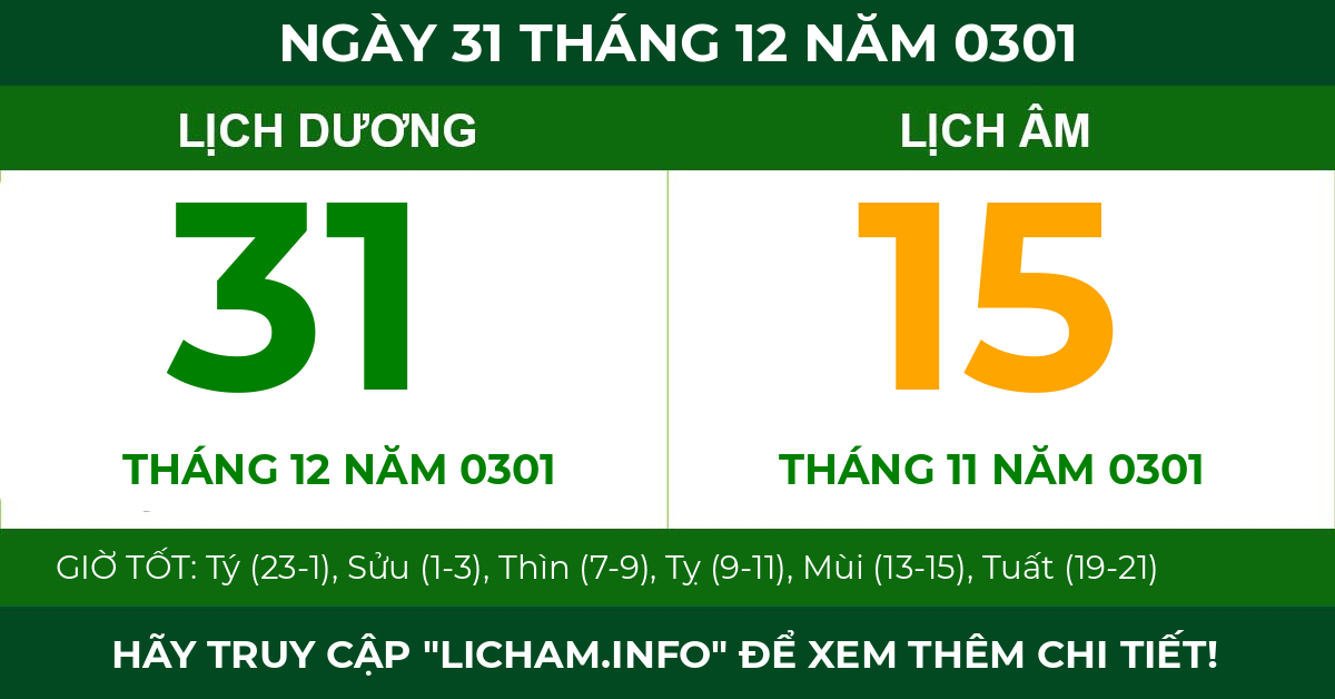 lịch âm ngày 31 tháng 12 năm 0301