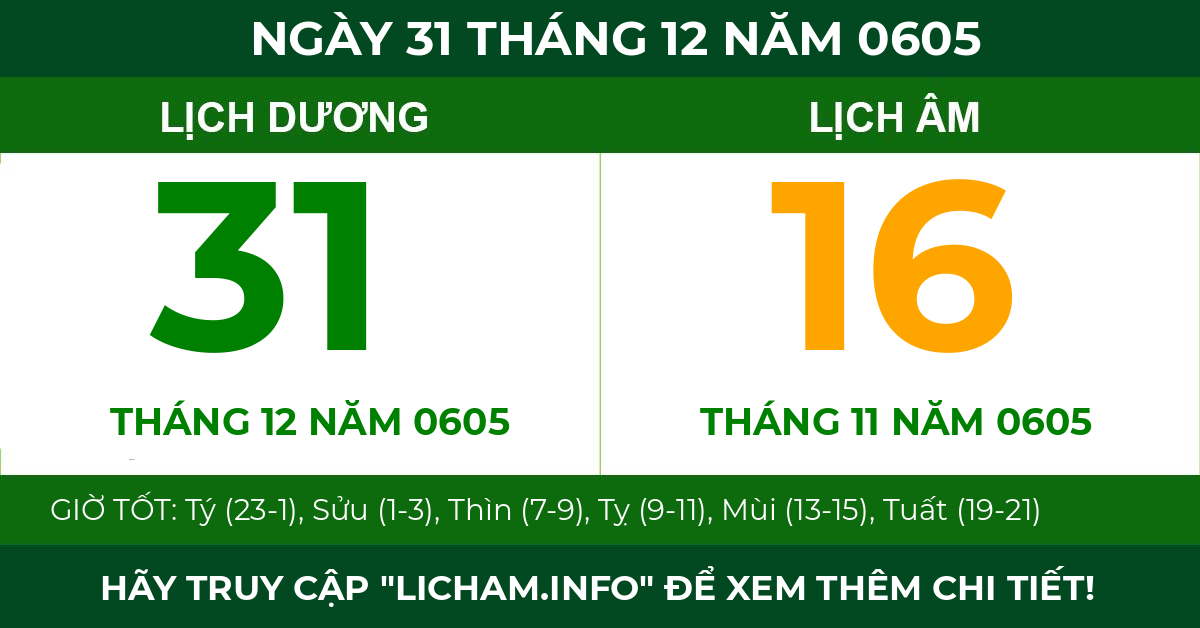 lịch âm ngày 31 tháng 12 năm 0605