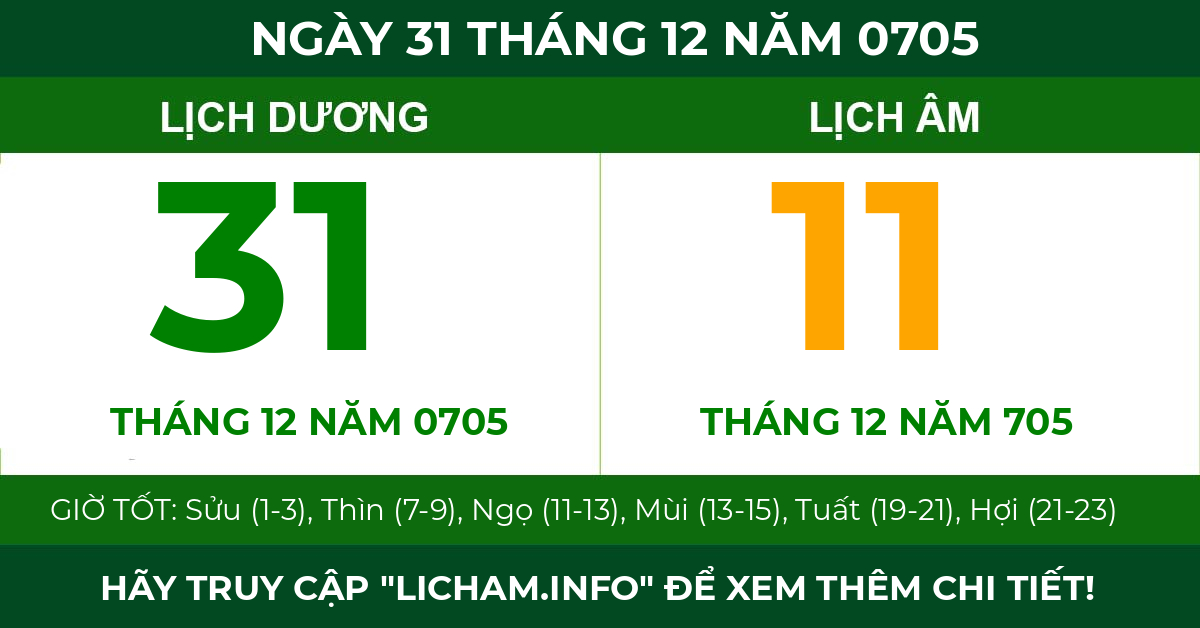 lịch âm ngày 31 tháng 12 năm 0705