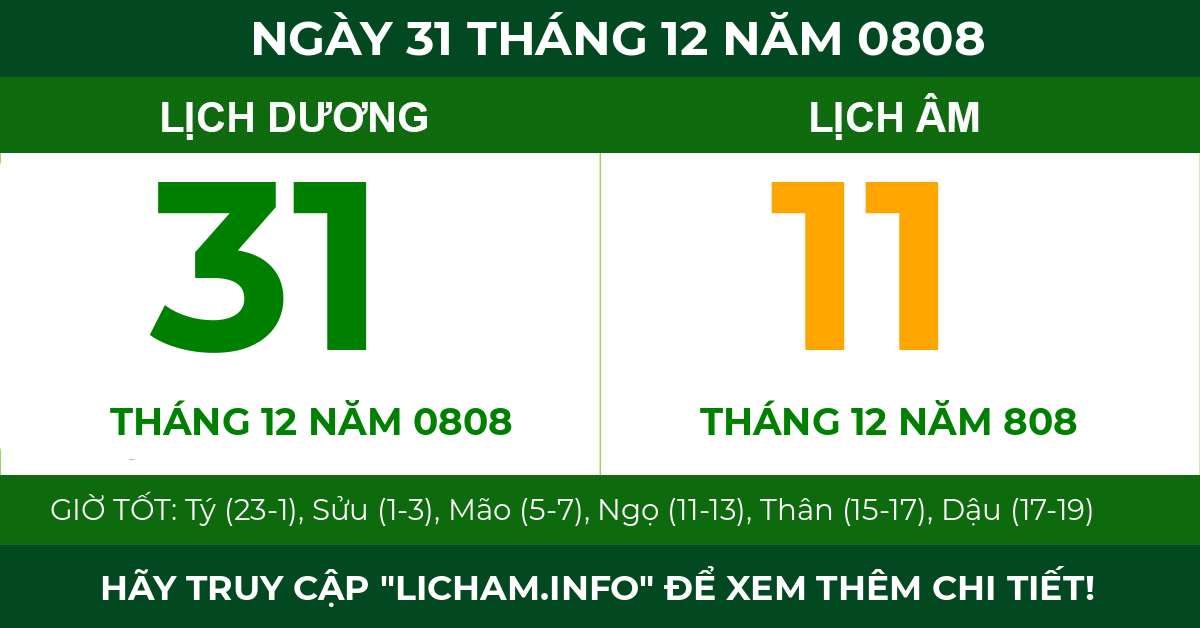 lịch âm ngày 31 tháng 12 năm 0808