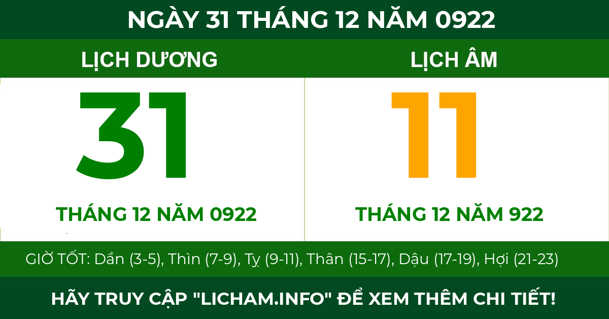 lịch âm ngày 31 tháng 12 năm 0922