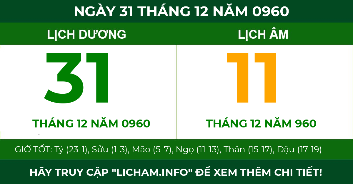 lịch âm ngày 31 tháng 12 năm 0960