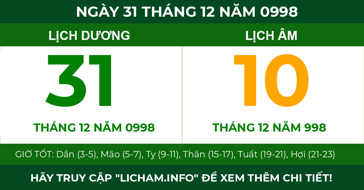 lịch âm ngày 31 tháng 12 năm 0998