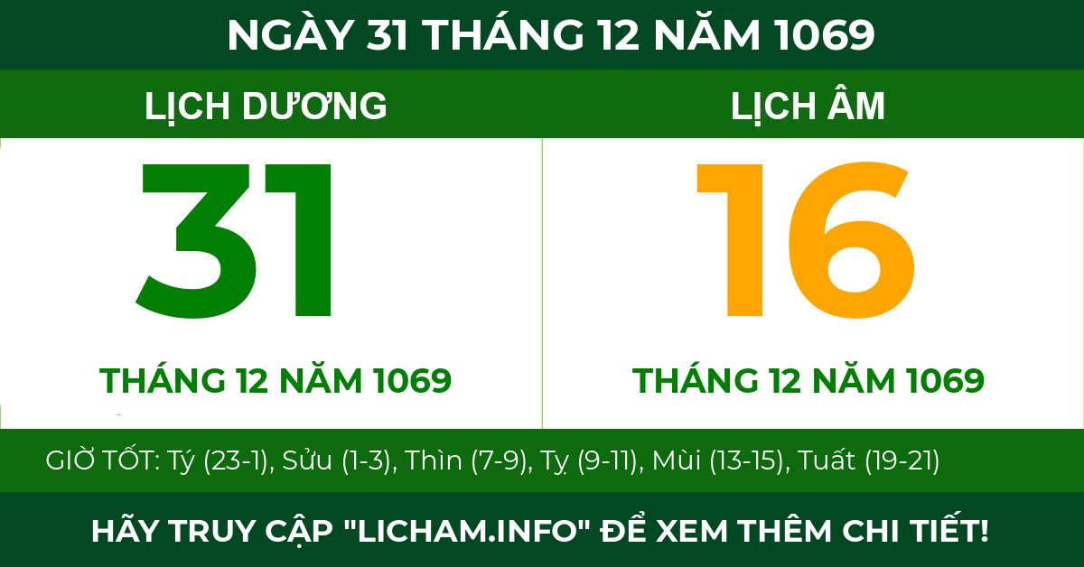 lịch âm ngày 31 tháng 12 năm 1069