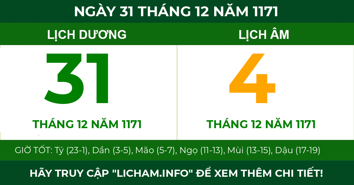 lịch âm ngày 31 tháng 12 năm 1171