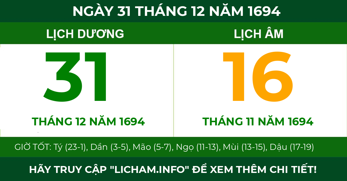 lịch âm ngày 31 tháng 12 năm 1694