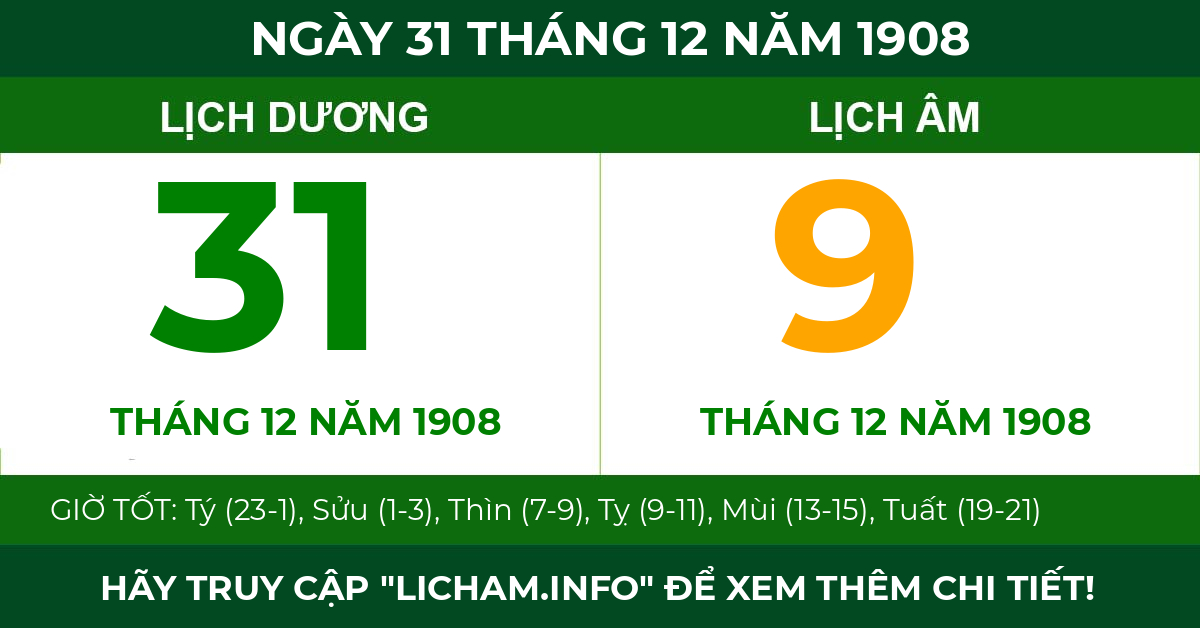 lịch âm ngày 31 tháng 12 năm 1908