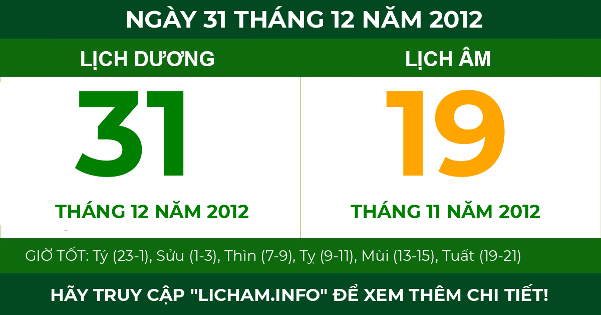 lịch âm ngày 31 tháng 12 năm 2012
