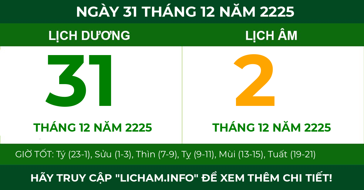 lịch âm ngày 31 tháng 12 năm 2225