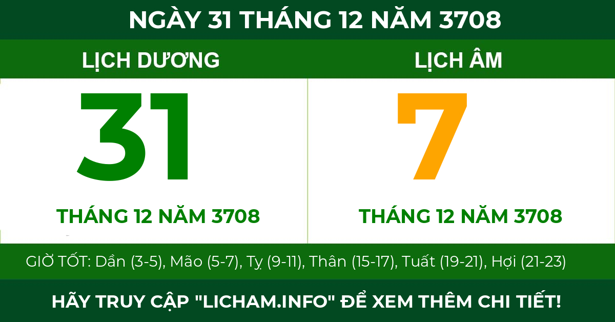 lịch âm ngày 31 tháng 12 năm 3708