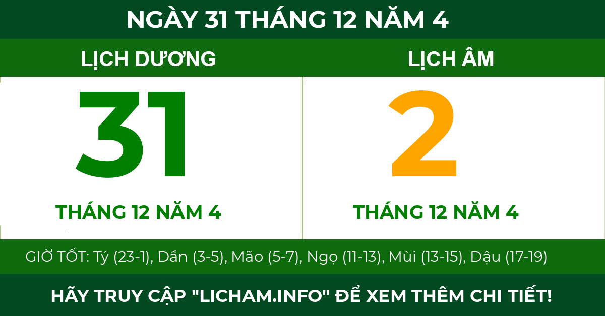 lịch âm ngày 31 tháng 12 năm 4