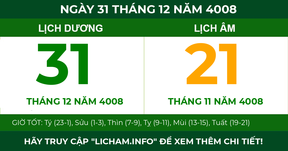 lịch âm ngày 31 tháng 12 năm 4008