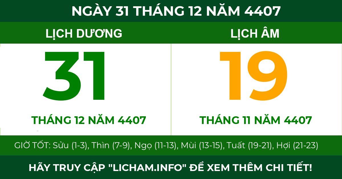 lịch âm ngày 31 tháng 12 năm 4407