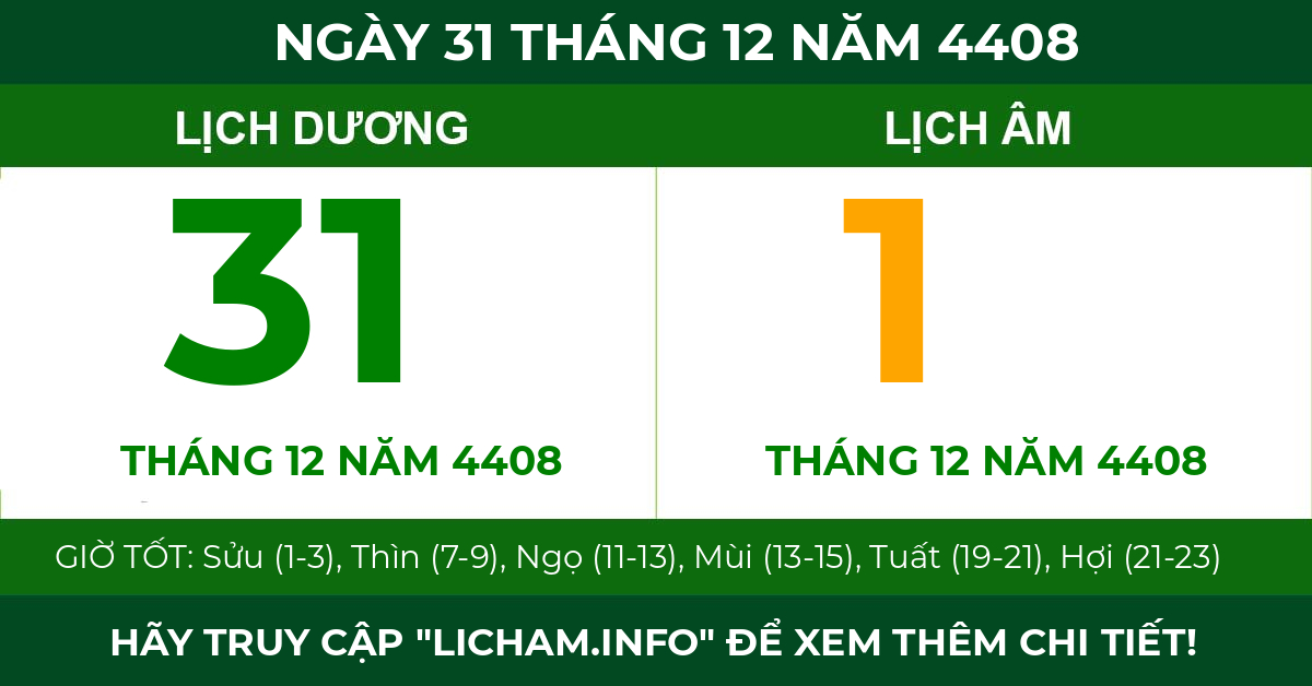 lịch âm ngày 31 tháng 12 năm 4408