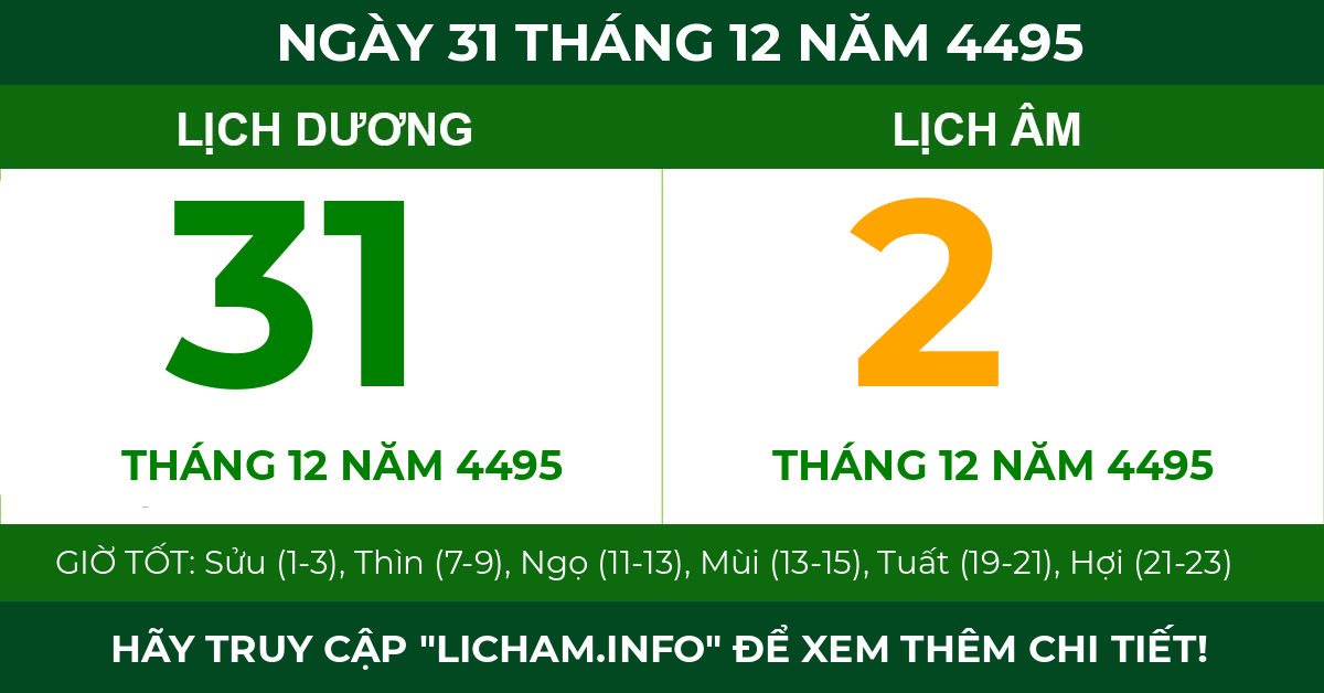 lịch âm ngày 31 tháng 12 năm 4495