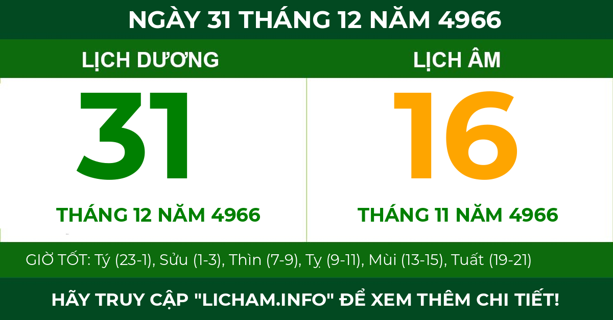 lịch âm ngày 31 tháng 12 năm 4966