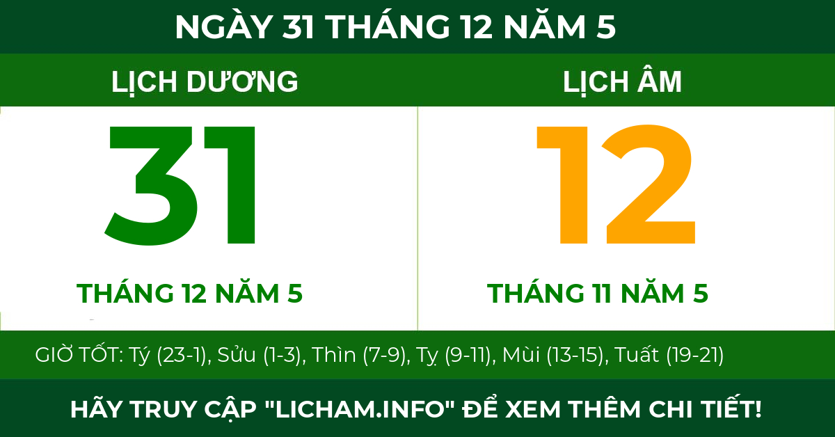 lịch âm ngày 31 tháng 12 năm 5